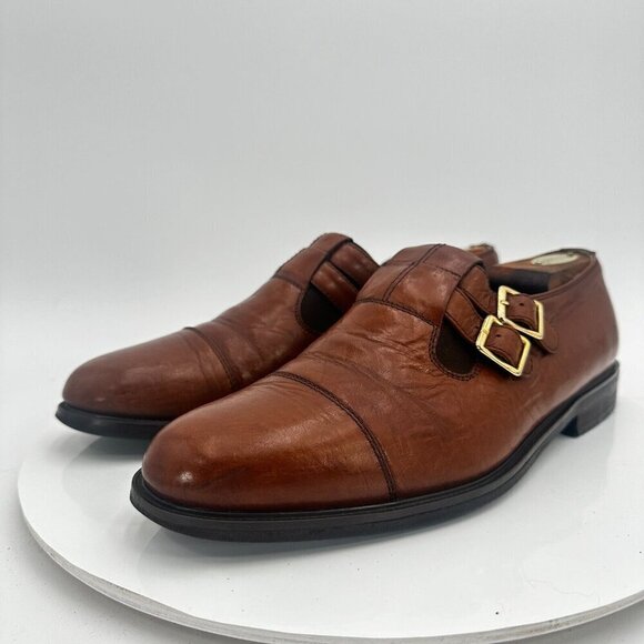 Fratelli Footwear Men Size 8.5M Brown Leather Cap Toe Double Buckle Dress Shoes - Picture 2 of 14